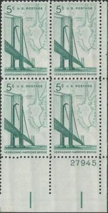 Plate Block of 4 stamps - Scott 1258 - 5 cent - Verrazano Bridge - 1964 - MNH - Picture 1 of 1