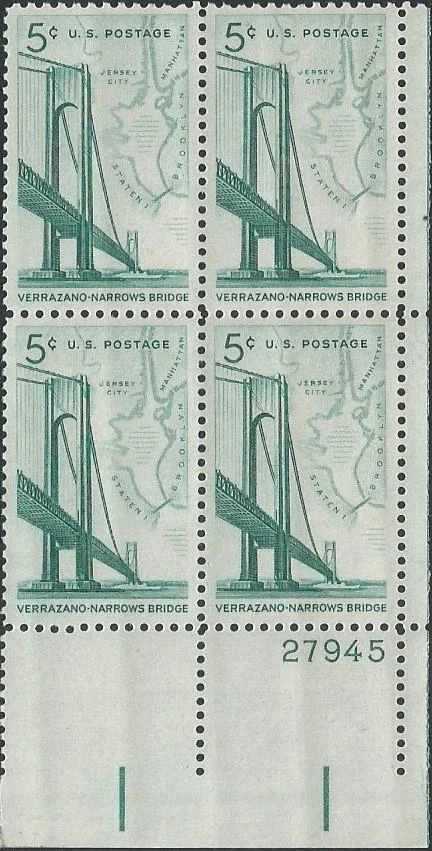 Plate Block of 4 stamps - Scott 1258 - 5 cent - Verrazano Bridge - 1964 - MNH - Image 1 of 1