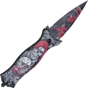 Nightmare II Stiletto Taschenmesser rot mit Totenköpfe - Picture 1 of 6