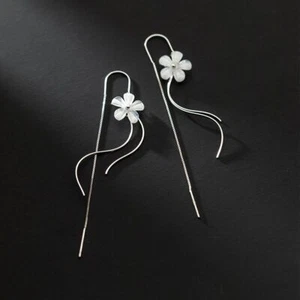 PLUMERIA Flower Sterling Silver Wavy Threader Thread  Dangle Long Earrings A4454 - Picture 1 of 6