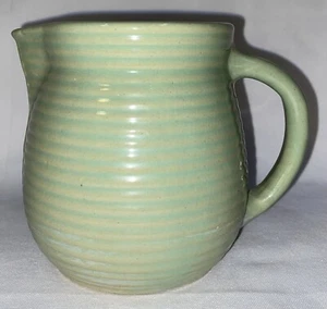 Monmouth Western Stoneware Pottery Green Ribbed Ring Pitcher Farmhouse Country - Picture 1 of 7