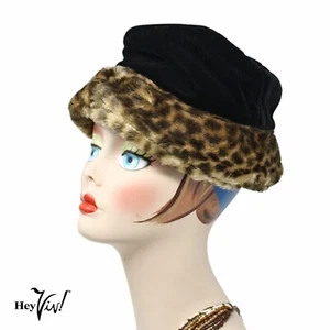 Vintage Black Velvet Bucket Hat with a Leopard Fake Fur Foldable Brim - Hey Viv - Picture 1 of 6