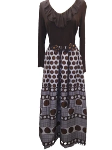 1960's Brown Nylon Jersey White Brown Polka Dot Mod Maxi Dress Mr. Kolbert M - Picture 1 of 10