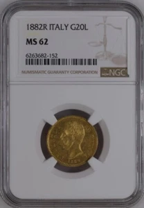 ITALY , GOLD 20 LIRE 1882 R NGC MS 62 , RARE3 - Picture 1 of 2