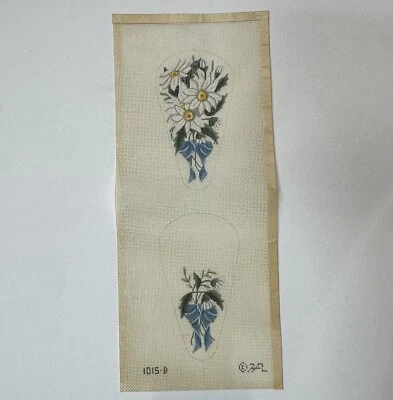 Vtg White Daisy Blue Ribbon Fan Pieces Handpainted Needlepoint Canvas Daisies - Image 1 of 4