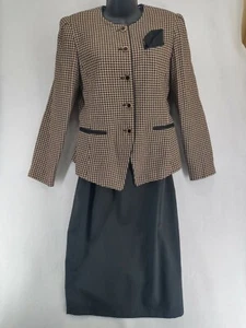 Vintage 2 Piece Leslie Fay Sz 10 Black/Beige Suit Padded Shoulder Jacket & Skirt - Picture 1 of 10