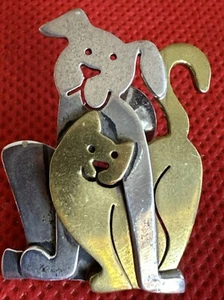 Vintage weit hergeholte Sterling Silber 925 Messing Hund Katze Brosche Anstecknadel - Bild 1 von 6