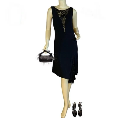 VESTIDO VINTAGE Y2K YIGAL AZROUEL NEGRO ENCAJE RECORTADO DOBLADILLO ASIMÉTRICO TALLA 3/S Foto 1 de 4