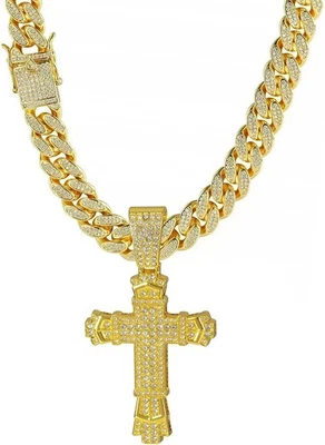 Collar cubano brillante chapado en oro plateado cadena de eslabones cubanos Miami para hombre pedrería  Foto 1 de 4