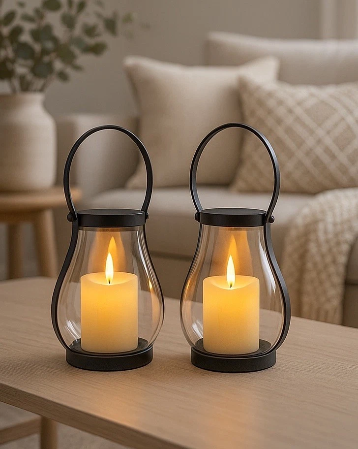 Par de linternas de vidrio de metal negro portavelas lágrimas para interiores y exteriores FS Foto 1 de 4