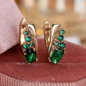 Oval Cut Simulated Green Emerald Women's Hoop Earrings In 14k Yellow Gold Plated - Picture 1 of 4