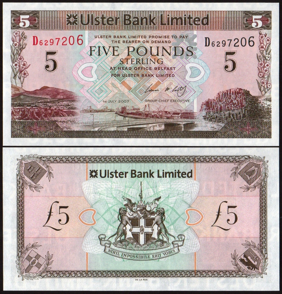 NORTHERN IRELAND 5 Pounds PREFIX D 2007 P-340 Ulster Bank Limited UNC - Image 1 of 1