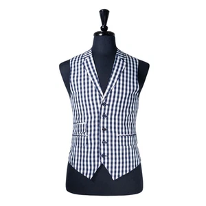 Mens Vest 40R Blue White Check Plaid Cotton Waistcoat Business Casual Formal - Picture 1 of 9