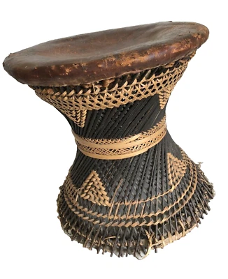 Vintage African WICKER & LEATHER Stool Or Ottoman BOHO Rattan CHAIR Tribal 1970s - Image 1 of 4