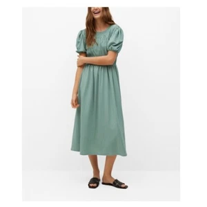 MANGO Womens S Sage Green Ruched Puff Sleeve Midi Dress NWT CS65 - Picture 1 of 7