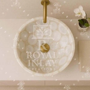 18" White Quartz Sink – Round Polished Crystal Vessel Basin for Luxury Vanity - Picture 1 of 8