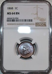 NGC MS-64 BN 1868 Indian Head Cent, Attractively toned, Blazing specimen!