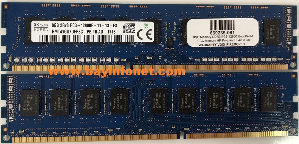 669239-081 8GB Memory DDR3 PC3-12800 Unbuffered ECC Memory HP ProLiant BL420c G8 - Image 1 of 3