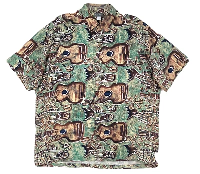 Vintage Kahala Shirt Mens L Green Brown Guitar Fish Rayon Hawaiian Aloha USA - Image 1 of 4