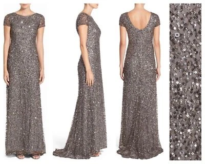 NWT Adrianna Papell Short Sleeve Sequin Mesh Gown Lead [ SZ 4 ] #e279 - Image 1 of 4