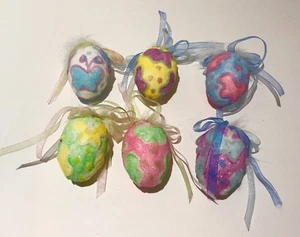 Easter Eggs With Ribbon & Feathers Homemade Lot of 6 Beautiful Colors - Picture 1 of 7
