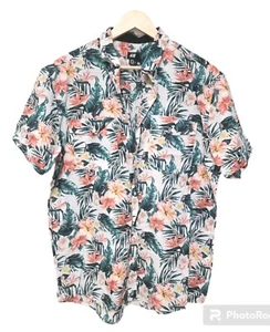 H&M Hawaiian Tropical Floral Utility Chore Pockets Shirt Size XL Green Pink - Picture 1 of 16