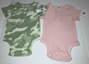 Lot of 2 NWT Old Navy Baby Clothes 3-6M camo & pink 1pc Girls Snap Crotch - Picture 1 of 3