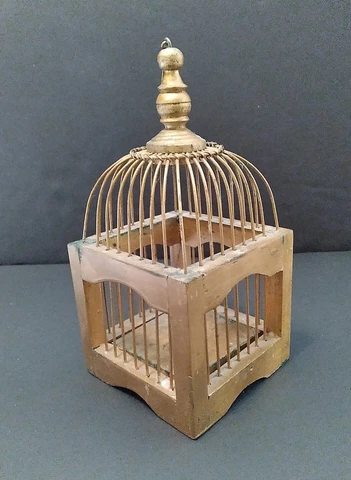 Vintage Or Antique Gold Painted Wood & Wire Decorative Dome Bird Cage 4"x4"x9"H Cover