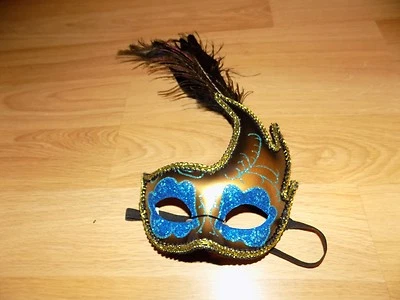 Adult One Size Feathered Venetian Masquerade Costume Mask Halloween Gold Blue  - Image 1 of 4