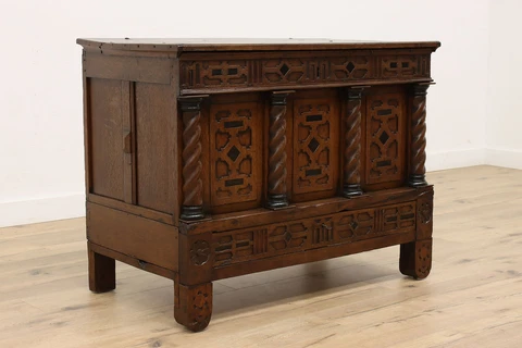 English Tudor Antique 1700s Carved Oak Dowry or Blanket Chest or Trunk #43549 Cover