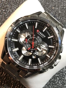 Men’s Chronograph Watch By Curren Silver Tone Black Dial 51mm New Battery - Picture 1 of 20