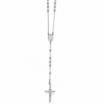26" Rosary 4mm Bead 14k White Solid Gold Cross Necklace Guadalupe Rosario Oro - Imagem 1 de 4