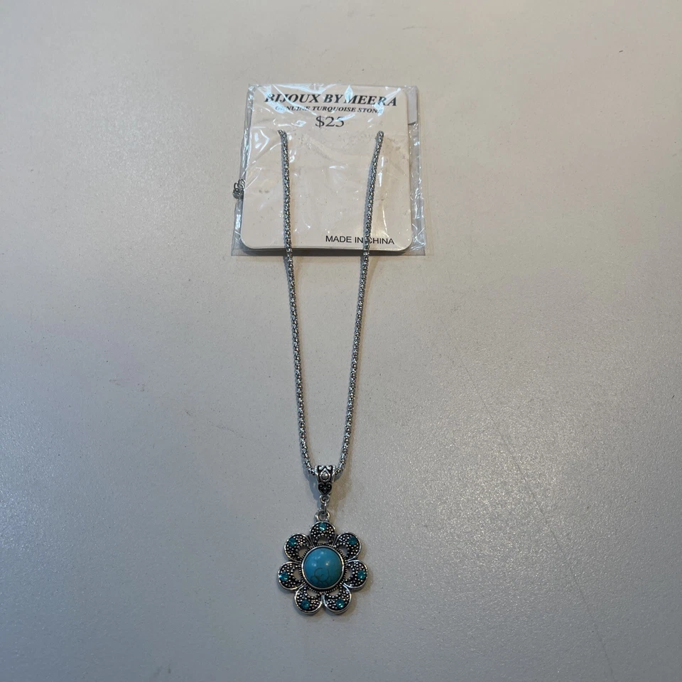 Bijoux By Meera Necklace Genuine Turquoise Stone Charm & Silver Flower 18"