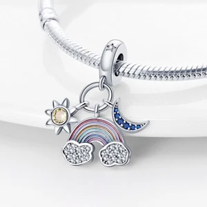 Regenbogen Wolke Sonne Mond Stern Kristall Charm Sterling Silber 925 - Bild 1 von 6
