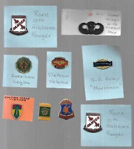 pk87036:Vintage Lot of 9 Assorted Military Pins-Legion,Wings,VtNam Vet,AL RangER