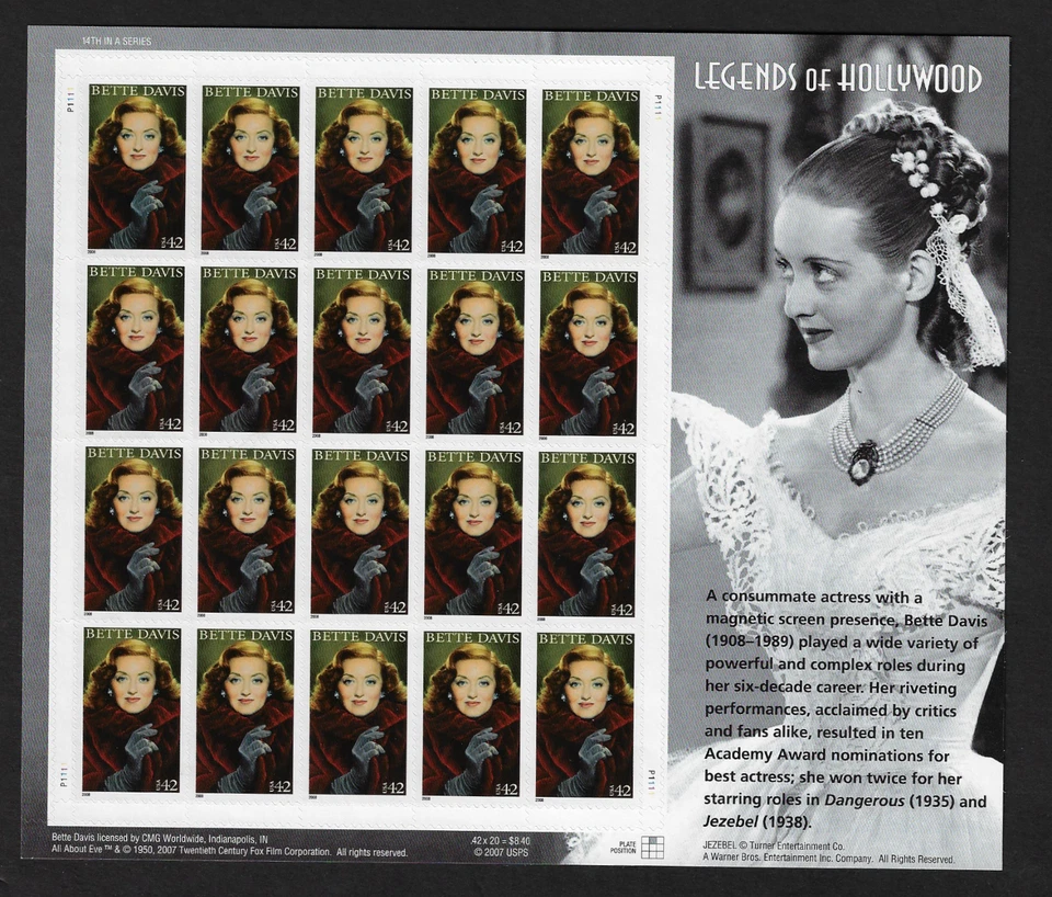 US Stamps — Full Pane of 20 — 2008 Lengends of Hollywood / Bette Davis #4350 MNH - Image 1 of 1