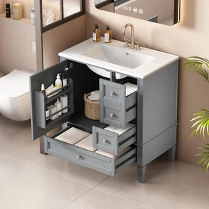 30 Inch Bathroom Vanity with Ceramic Sink, Grey Bathroom with 3 Drawers, Solid W - Picture 1 of 12