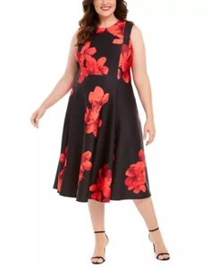 NUOVO ABITO MIDI CALVIN KLEIN NERO ROSSO FLOREALE ADERENTE E SVASATO TAGLIA 14 W DONNA $129 - Foto 1 di 3