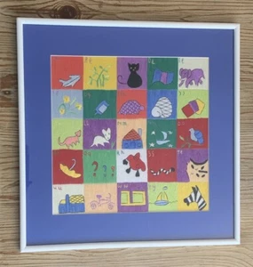 Vintage 80’s Or 90’s Colorful Framed Embroidered ABC’s Needlework 16-3/4” Square - Bild 1 von 16