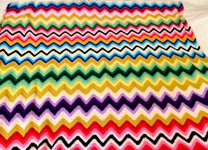 VTG Rainbow Afghan Blanket Bedspread Crochet ZigZag Chevron 59 X 59 RETRO GROOVY - Picture 1 of 9