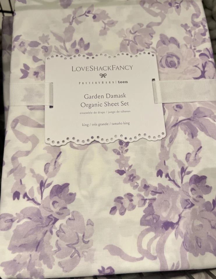 Новый с ценниками набор простыней Pottery Barn Teen LoveShackFancy Garden Damask Organic King фиолетовый - Изображение 1 из 4