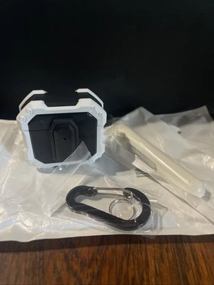 Estuche AirPods blanco y negro con clip y herramienta de extracción Foto 1 de 4