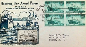 FDC #939-38, 2/26/1946, D.C. CROSBY CACHET w/block of 4 - Picture 1 of 2