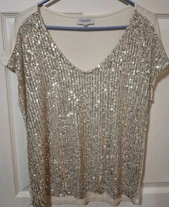 Carmen Carmen Marc Valvo Ivory Sequin Top Medium Shirt Party - Picture 1 of 6