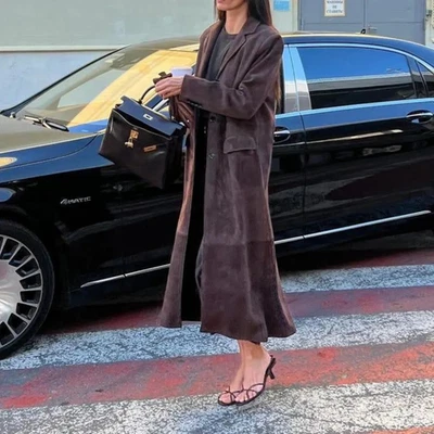 70s Vintage Brown Suede Leather Trench Coat for Women | Winter Leather Long Coat - Image 1 of 4