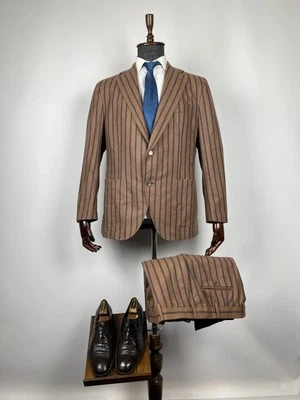 Caruso Aida Mens Brown Navy Blue Striped Wool Superfine 120's Suit  EU 58 US 48R - Image 1 of 4
