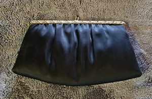Vintage ~ ANDE' ~ Black Satin Clutch Purse Evening Handbag Gold Ornate Hardware - Picture 1 of 13