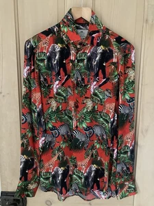 Mens Hawes & Curtis Red Safari Jungle Print Slim Fit Limited Edition Satin Shirt - Picture 1 of 4