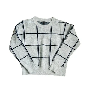 Banana Republic Wool Cashmere Sweater Crewneck Gray Navy Checked Plaid Medium - Picture 1 of 11