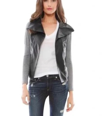 Chaqueta Suéter Abierta Generation Love Negra Gris Cuero Vegano Mezcla Angora Pequeña Foto 1 de 4